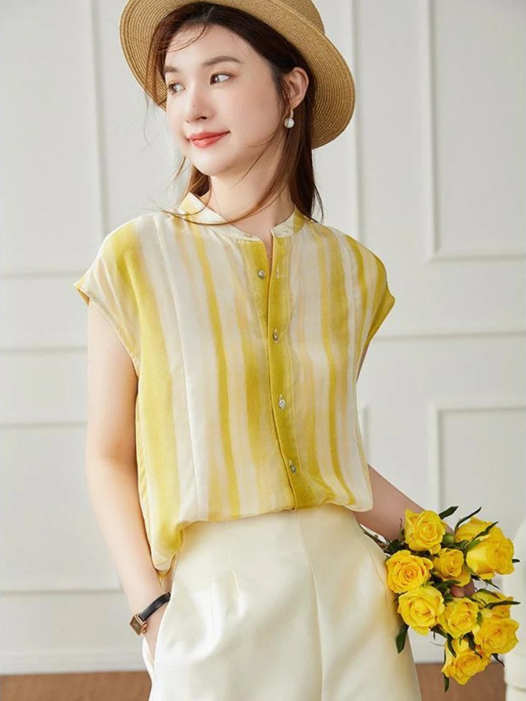 Women's Shirt and Blouse Chiffon Yellow Sleeveless Striped Female Tops Loose Summer Button Up Y2k Fashion Sale of Pretty Xl M