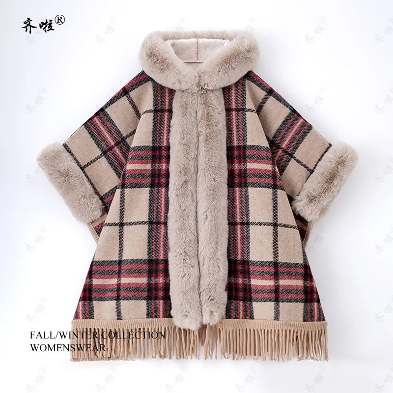 Faux Rabbit Fur Plaid Hooded Poncho Coat for Women