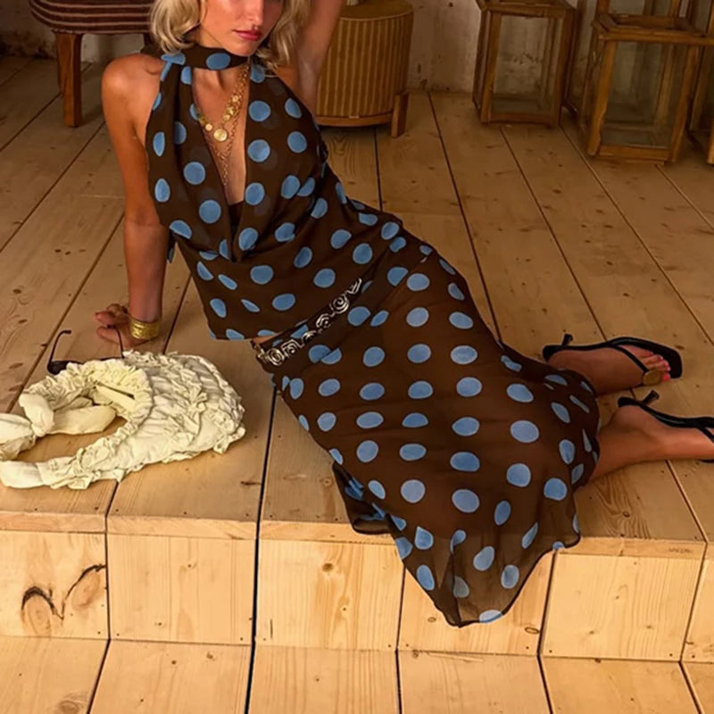 Polka Dot Halter Chic Crop Top And Skirt Set for Women
