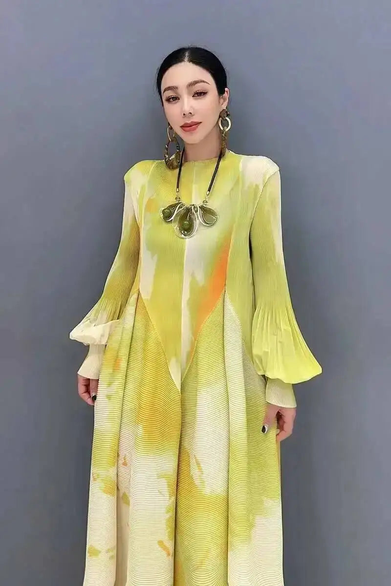 Printed Chiffon Ankle Length Dress With Bubble Sleeves for Women