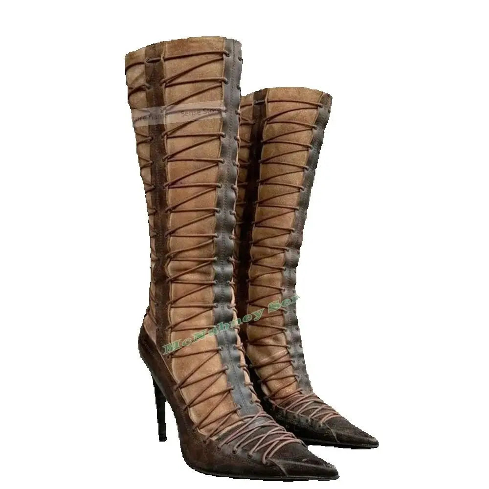 Cross Tied Pointy Toe Stiletto Heel Mid Calf Boots For Women