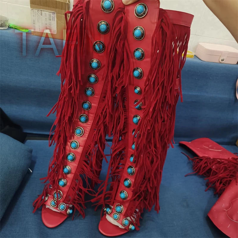 Open Toe High Heel Fringe Tassel Gladiator Sandals for Women
