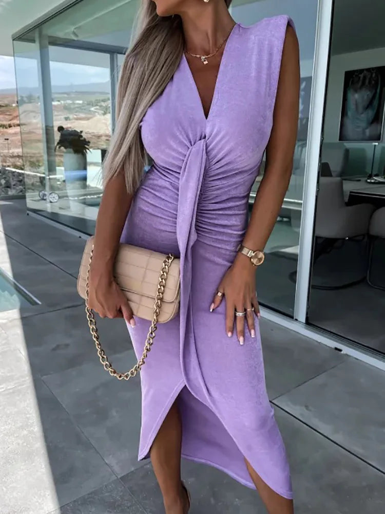 Office Lady Loungewear Deep V-Neck Maxi Dress Women Summer Sleeveless Solid Slim Fit Folds Party Dress Streetwear Dropshipping