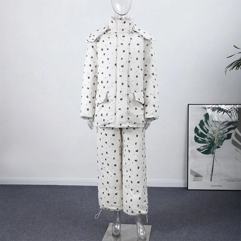 Striped Hooded Puffer Jacket and Wide Leg Pants Set for Women