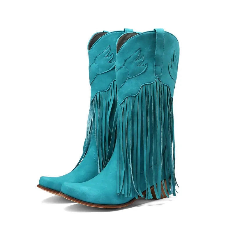 Retro Western Style Mid Calf Boots With Block Heel Tassels For Women
