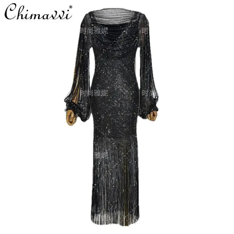 Fashion Heavy Diamond Shawl Bust Long Sleeve Top Sexy Girl Evening Dress V-Neck Slim Hip Wrap Tassel Suspender Dress 2-piece Set