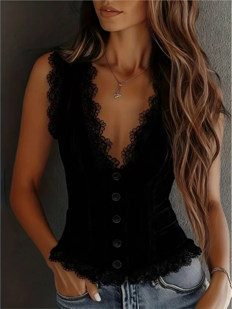 Deep V Neck Denim Backless Top With Lace Trim for Women