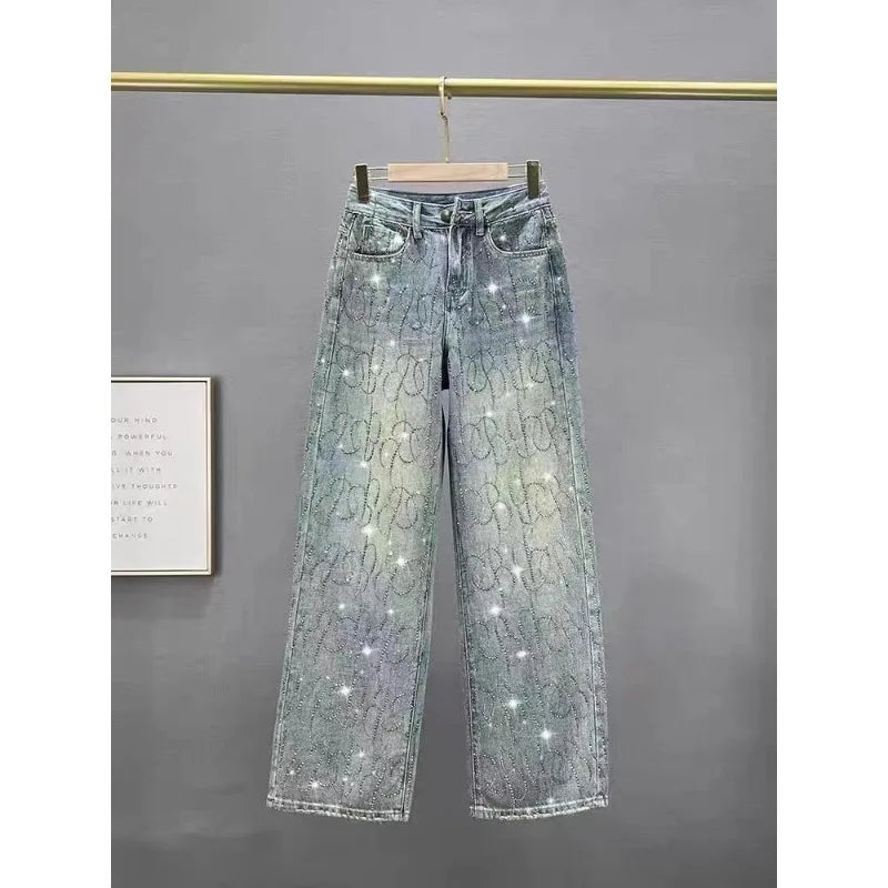 Shiny Diamond Accent High Waist Wide Leg Denim Jeans for Women