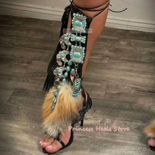 Turquoise Beaded Fur Wrap Sandals