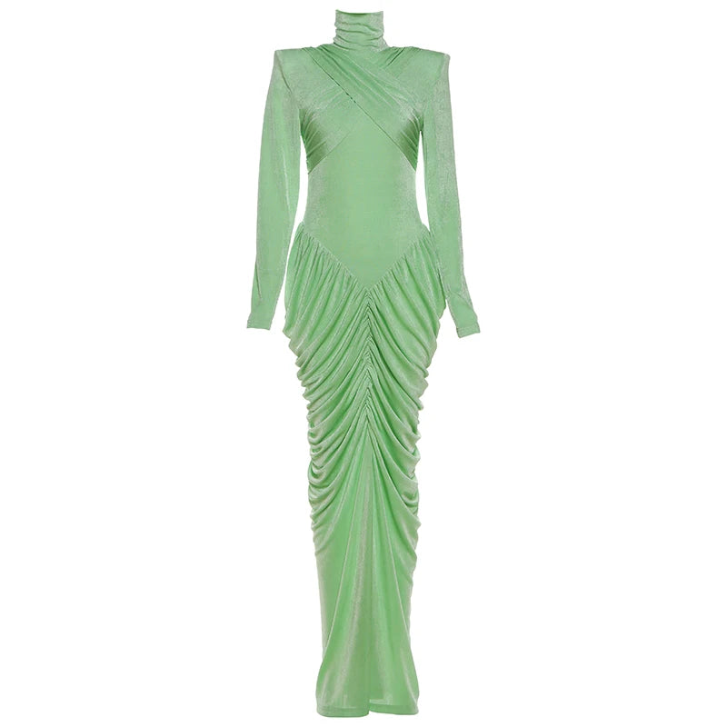 Elegant Ruched Backless Turtleneck Maxi Dress for Women
