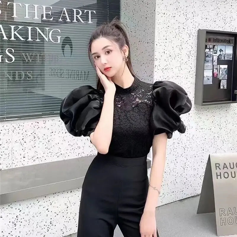 Korean V-Neck Bubble Sleeve Irregular Pleated Top for Women