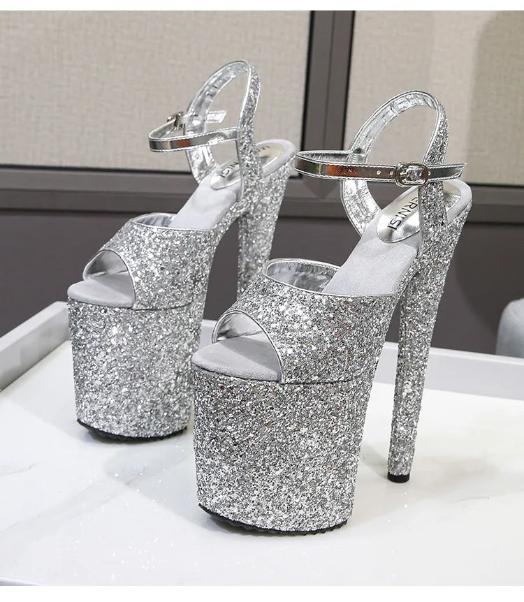 Elegant Sequined Gold High Heel Platform Sandals for Women