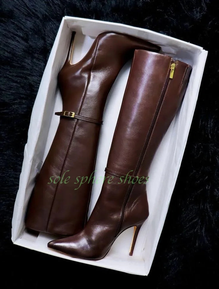 Dark Brown Vintage Buckle Strap Pointed Toe Knee Boots for Women