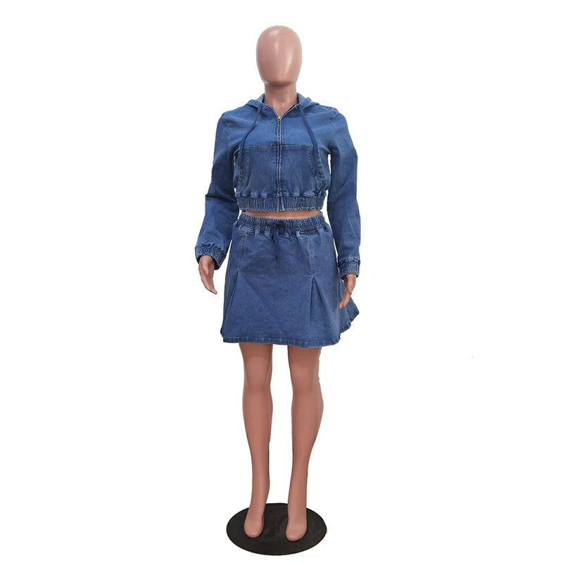 Hooded Denim Crop Top And Pleated Skirt Set for Women