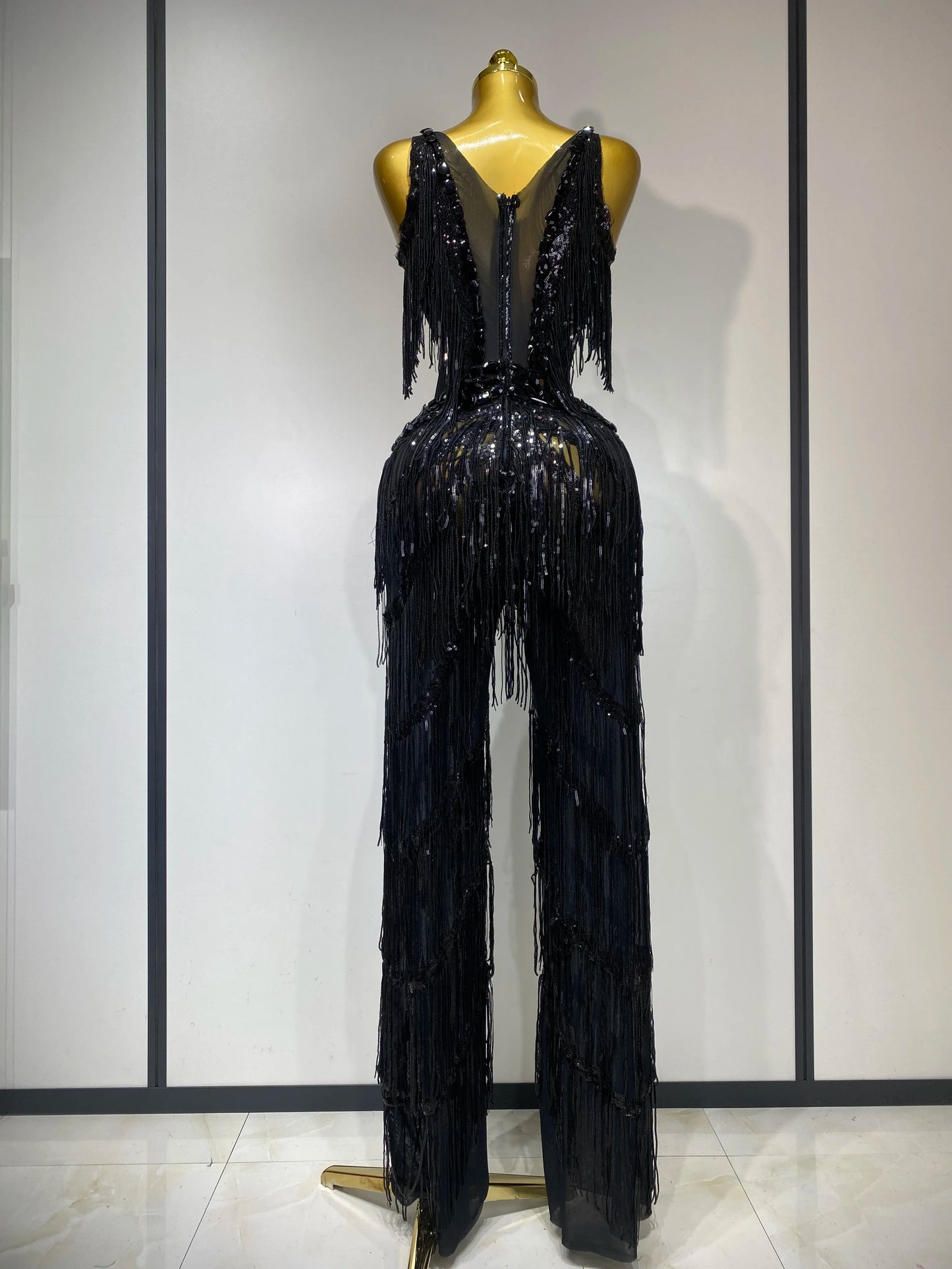 Gold Rhinestones Fringe Jumpsuit