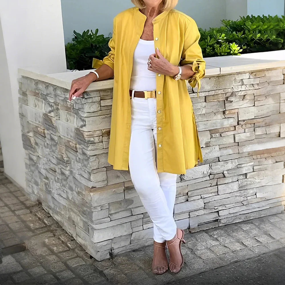 Women's Solid Long Sleeve Stand Collar Shirts Blouse Spring Autumn Ladies Single Breasted Casual OL Office Tops Size S-3XL