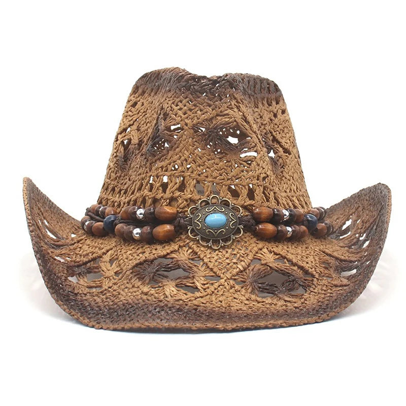 Creative Curled Straw Ethnic Beaded Chain Cowboy Hat for Women