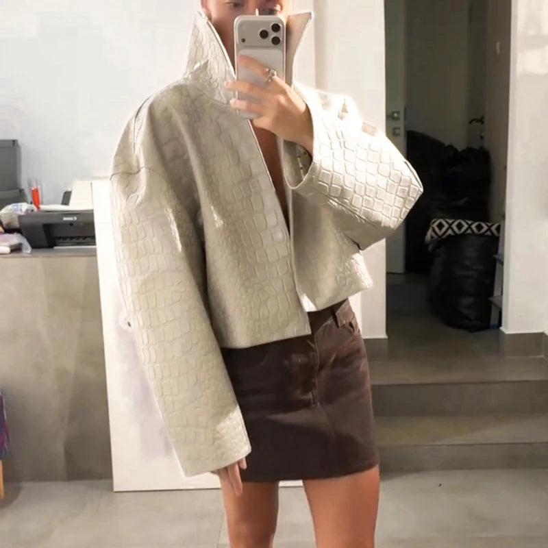 Retro Snake Print Faux Leather Cropped Jacket for Women