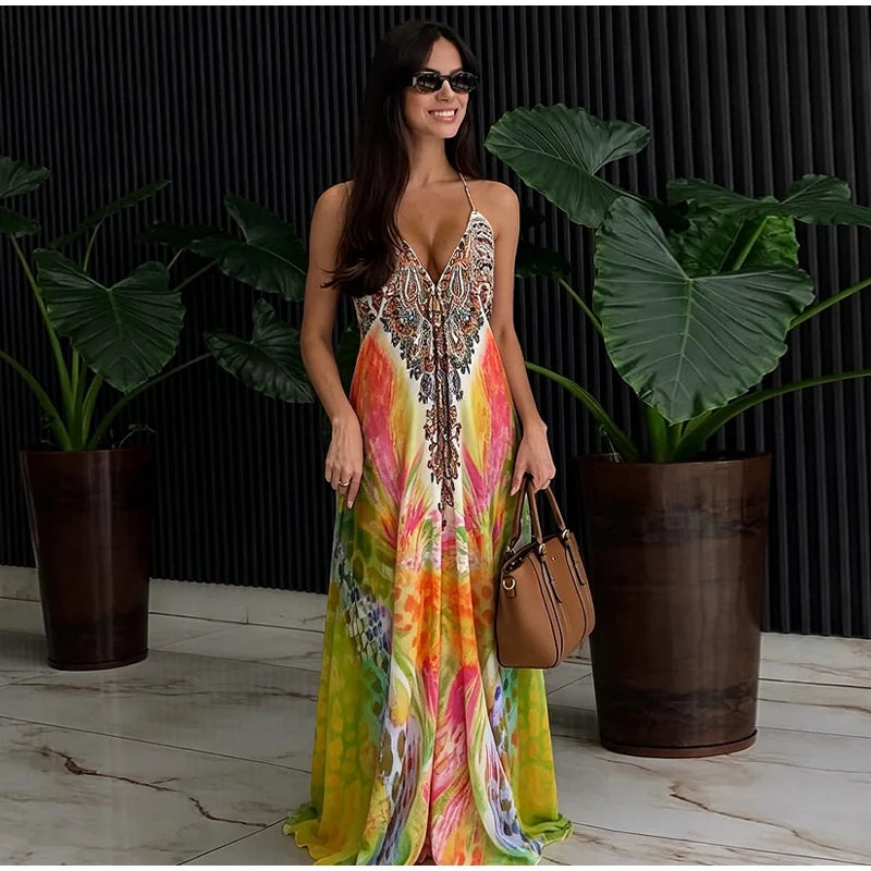 Beach Print Halter Neck Backless Long Dress for Women