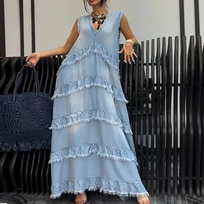 Solid Color V-Neck A-Line Ankle Length Dress for Women