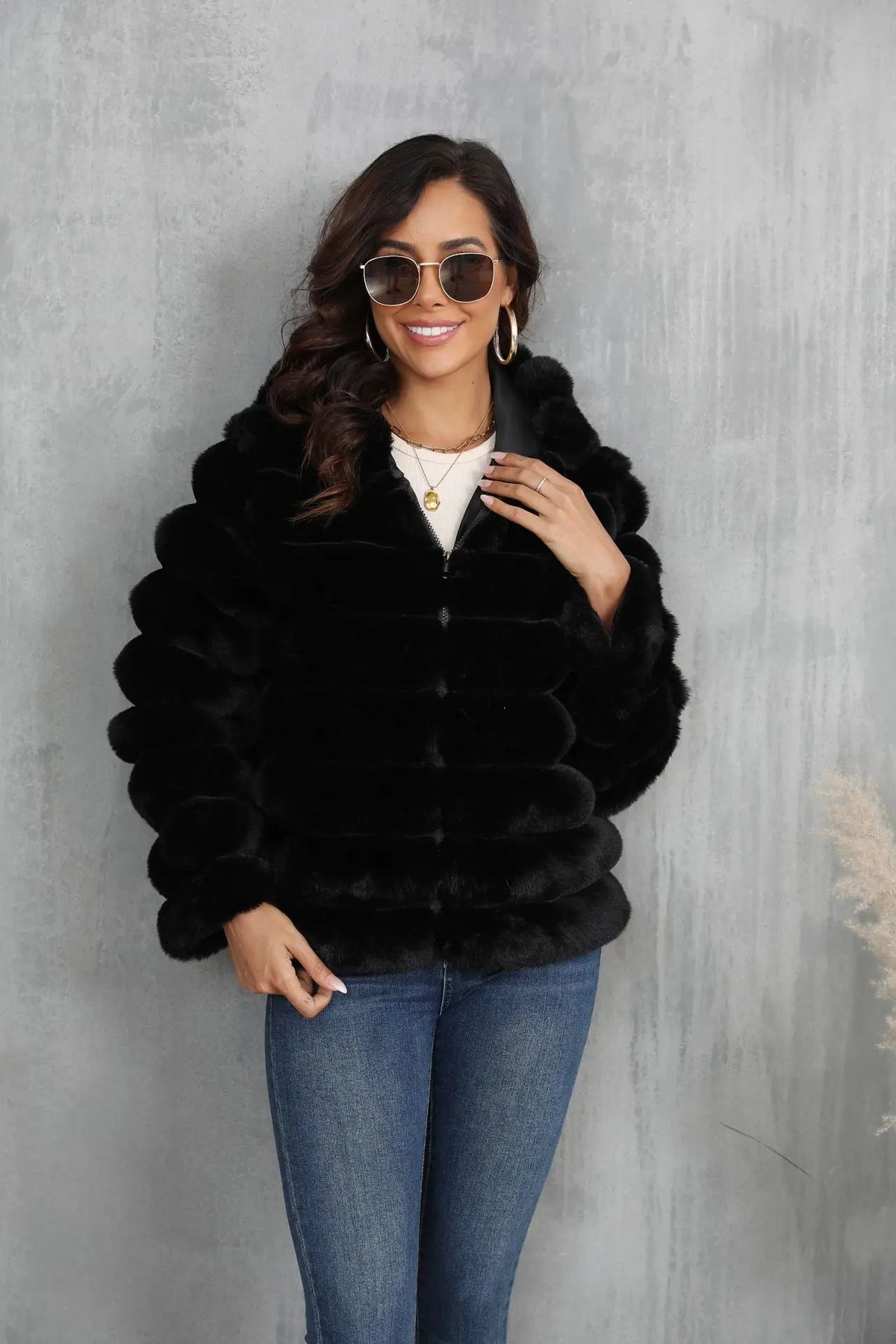 Warm Hooded Short Faux Fur Coat With Turn Down Collar for Women