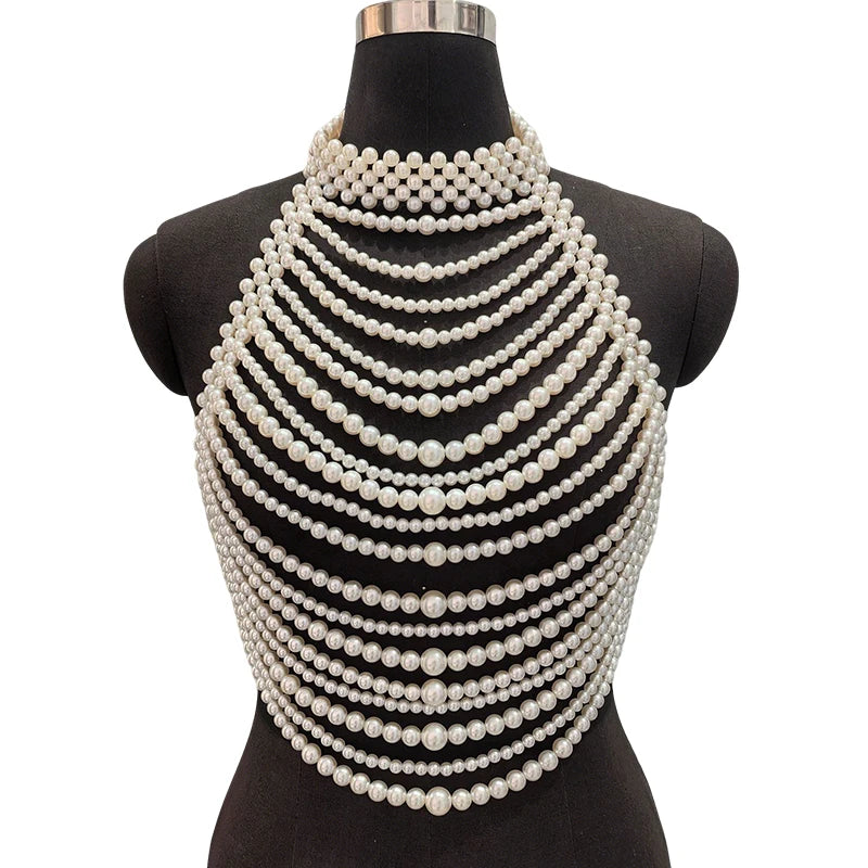 Multilayer White Pearl Bridal Halter Body Chain Jewelry For Women