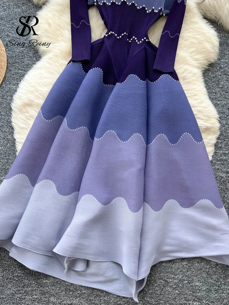 Wave Print Long Sleeve Ankle Length Evening Dress for Women