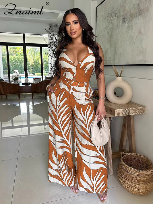 Znaiml Sexy Boho Leaf Printed Wide Leg Pants Sets for Women Halter Sleeveless Crop Tops and Trousers Two 2 Piece Vacation Outfit