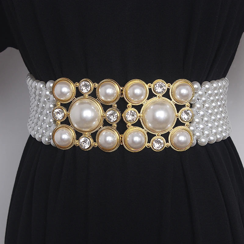 Pearl Embellished Elastic Waist Chain Belt for Women