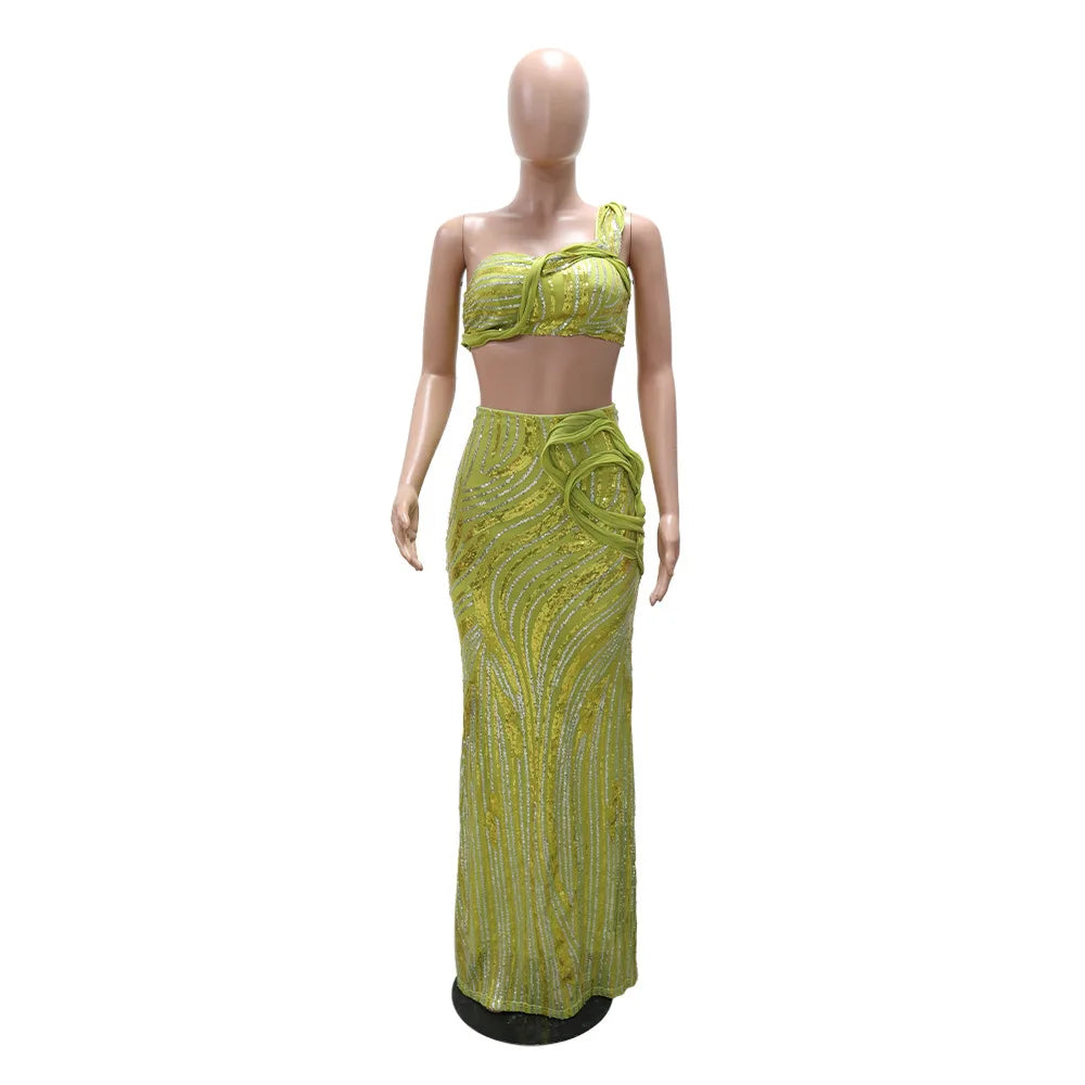 CM.YAYA Women’s Dress Set Mesh Sequined Ribbon Sleeveless Strap Top + Long Skirts Sets 2 Two Pcs Sets Sexy Party Evening Oufits