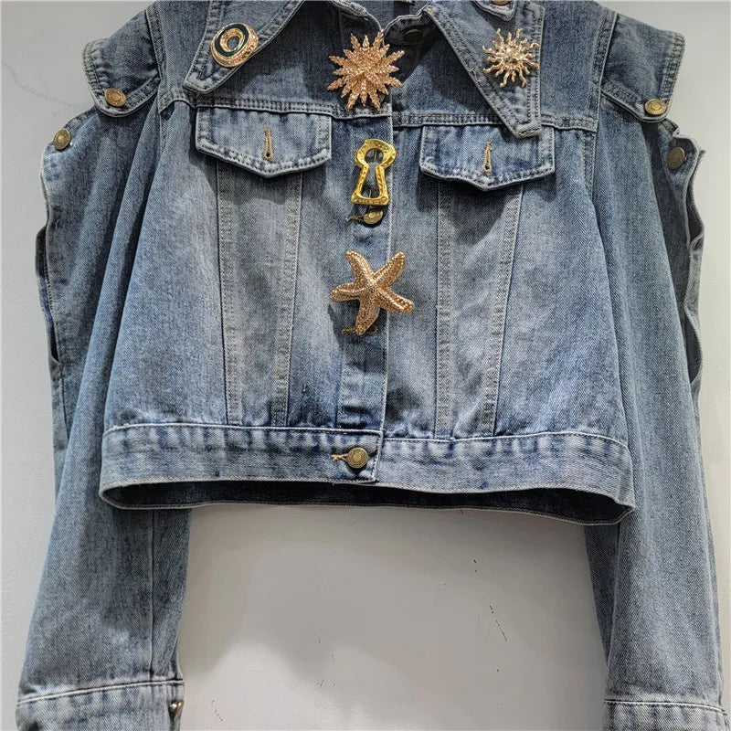 Hollow Out Short Denim Jacket With Metal Buckle Buttons For Women