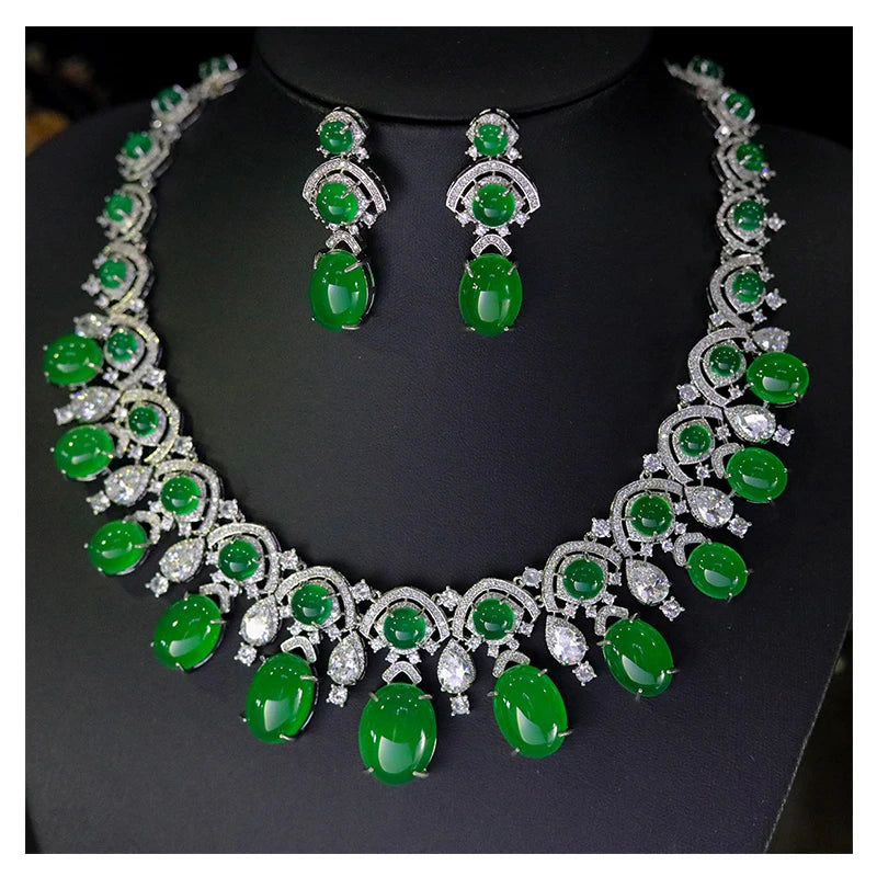 Green Teardrop Crystal Necklace and Earring Set for Women