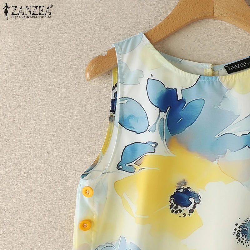 ZANZEA Womens 2025 Summer Casual Floral Printed Tank Tops Fashion O-Neck High-Low Sleeveless T-Shirts Day Wear Simple Camis Tops