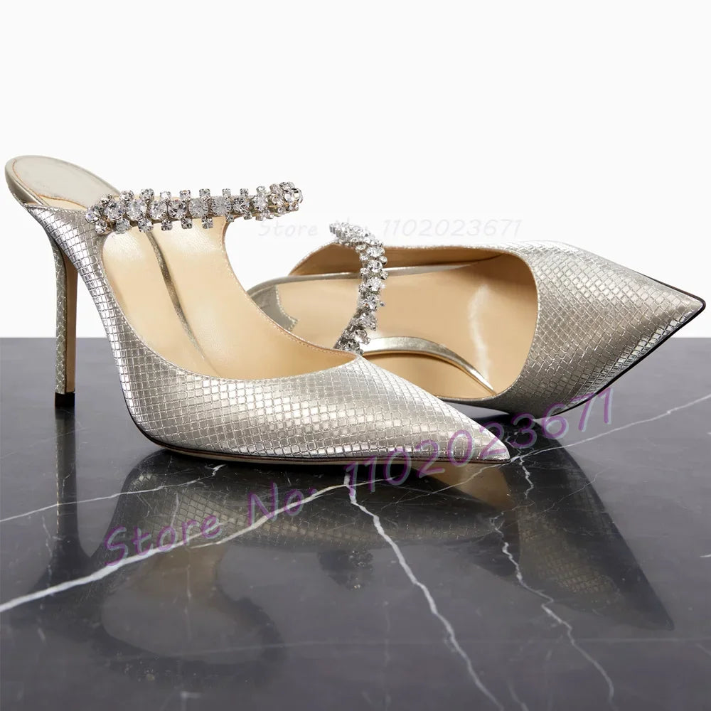 Metallic Silver Rhinestone Arch Strap High Heel Mules for Women