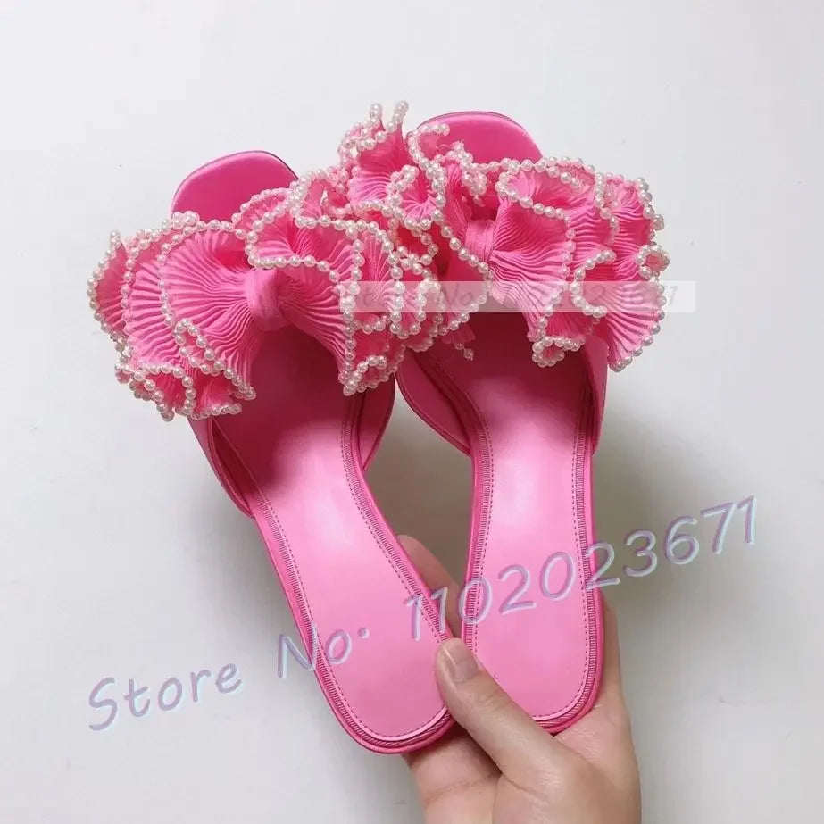 Satin Floral Open Toe Mules With Pearl Trim For Women