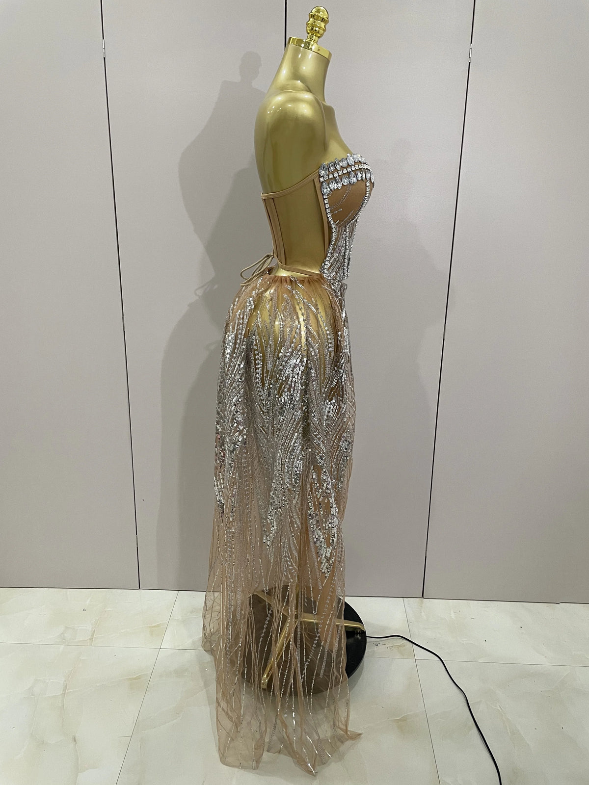 Elegant Sparkly Diamond Sequins Sexy Strapless See-Through Long Dress Women Evening Birthday Party Dress Nightclub Stage Costume