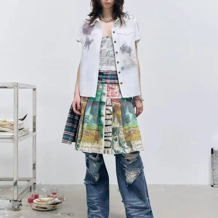 Polyester Cotton Unique Printed Split Midi Skirt for Women