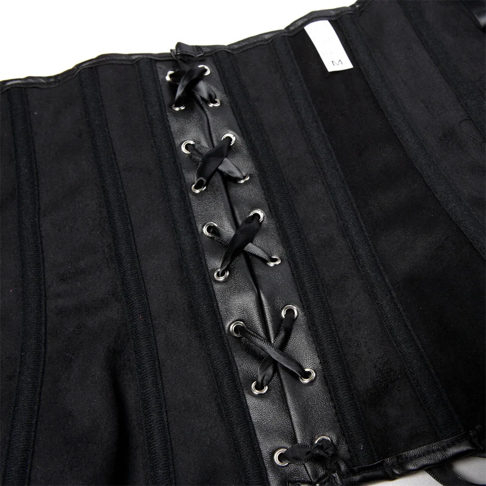 Zipper Front Black Faux Leather Overbust Corset for Women