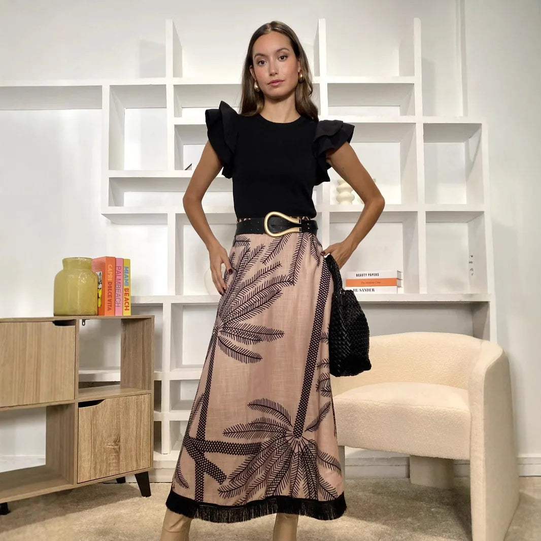 Vintage Plant Printed Hem Tassel Skirts For Women 2025 Spring Autumn New A-line Holiday Party Skirt Fashion All-match Vestidos