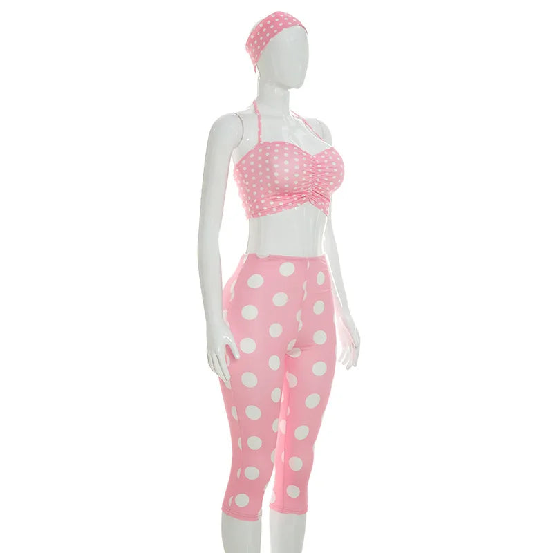 Polka Dot Two Piece Set with Halter Crop Top and Shorts for Women