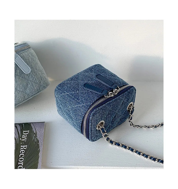 Mini Denim Crossbody Bag with Chain Strap for Women