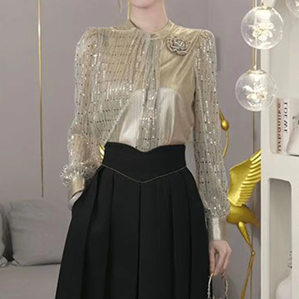 Chiffon Loose Small Stand Up Collar Bow Blouse for Women