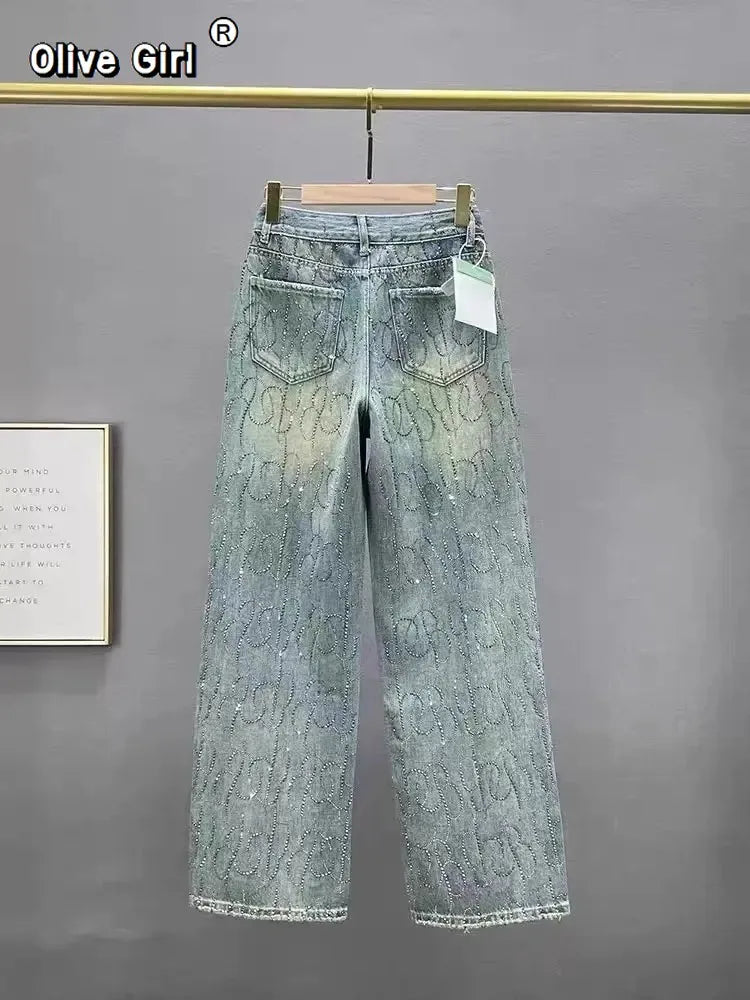 Diamond Rhinestone High Waist Wide Leg Denim Jeans for Women