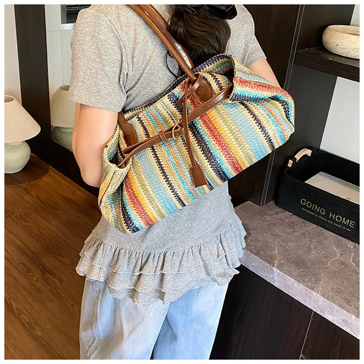Large capacity rainbow woven tote bag, women's new versatile commuting beach bag, shoulder bag