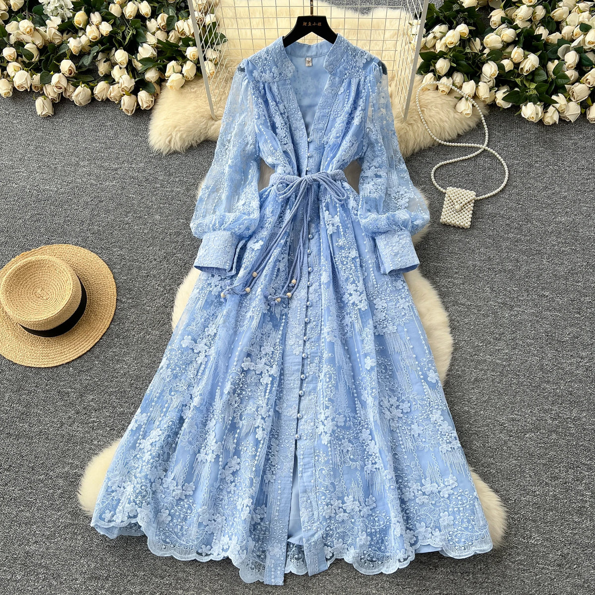 Intricate Embroidery Sash Evening Dress