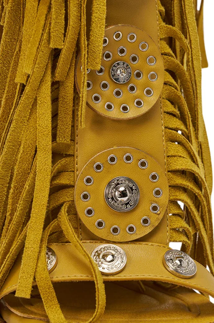 Mustard Yellow Suede Fringe Knee High Gladiator Sandals for Women