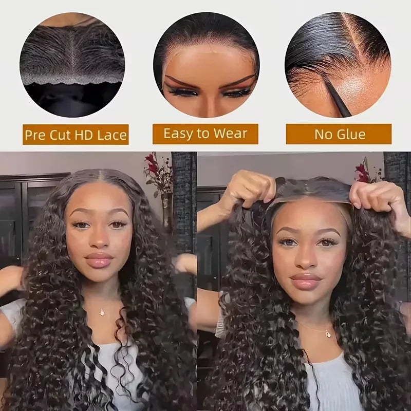 Glueless Deep Wave Pre Plucked Transparent Lace Front Wig for Women