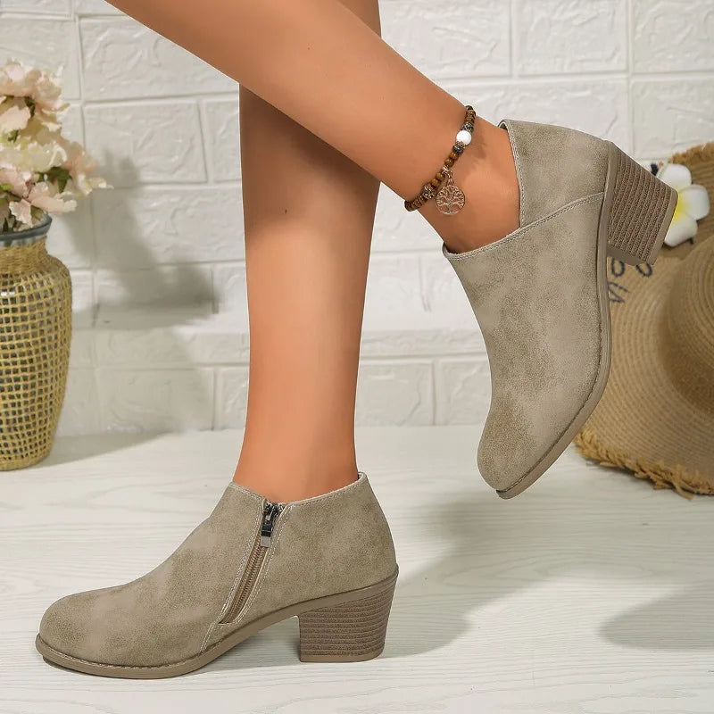 Elegant Suede Side Zipper Square Heel Ankle Boots for Women