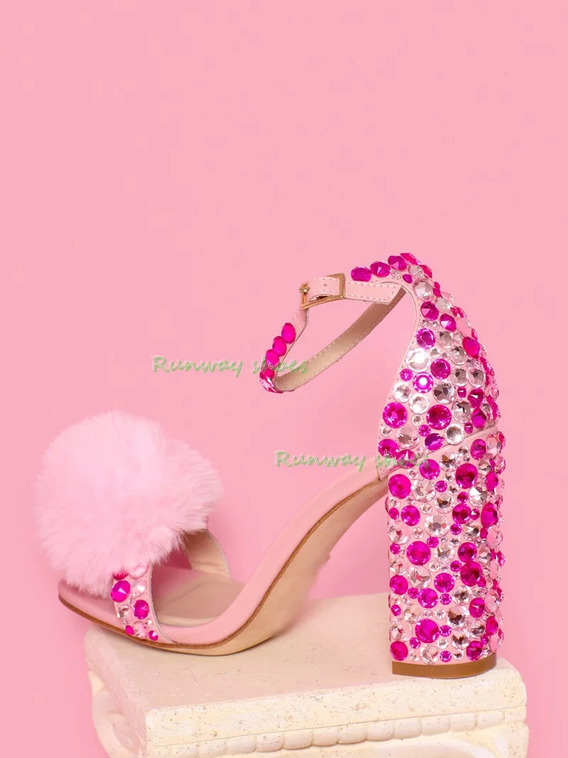 Elegant Rhinestone Open Toe Square Heel Sandals for Women