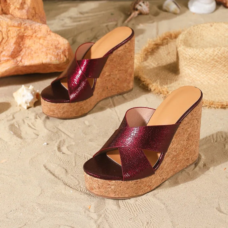 Waterproof Wood Pattern Cross Belt Wedge Platform Slippers for Women